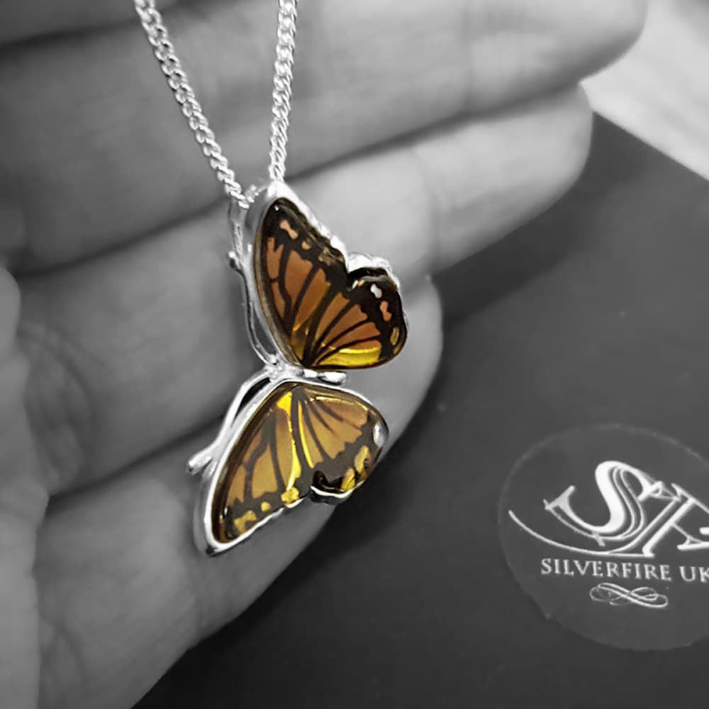 Vintage Sterling Silver Amber Butterfly Pendant with high quality chain