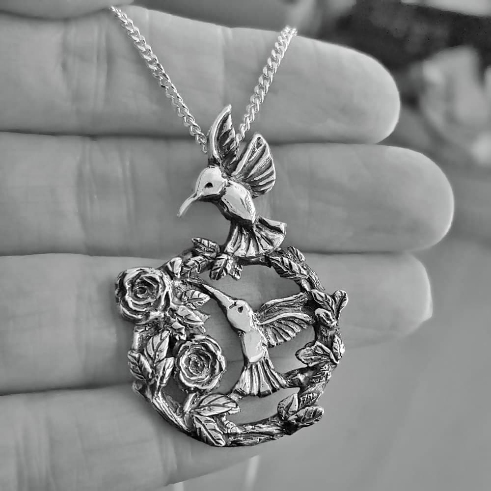 Hummingbird Necklace With Roses, Handmade Solid Silver Hummingbird Pendant  (made to order)