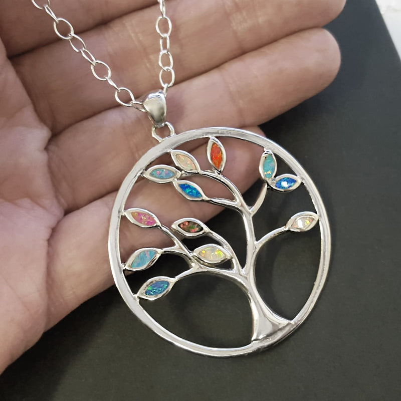 Multi Colour Large Tree Of Life Pendant Opalique Necklace